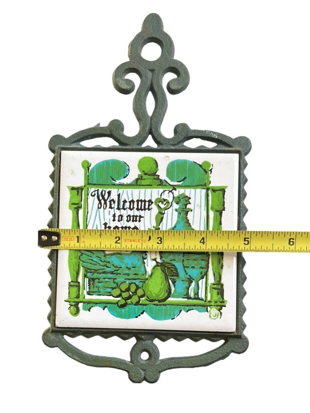 Vintage Ceramic Tile Cast Iron Trivet Retro Wall Decor Kitchen MCM Cottagecore - Picture 6 of 7